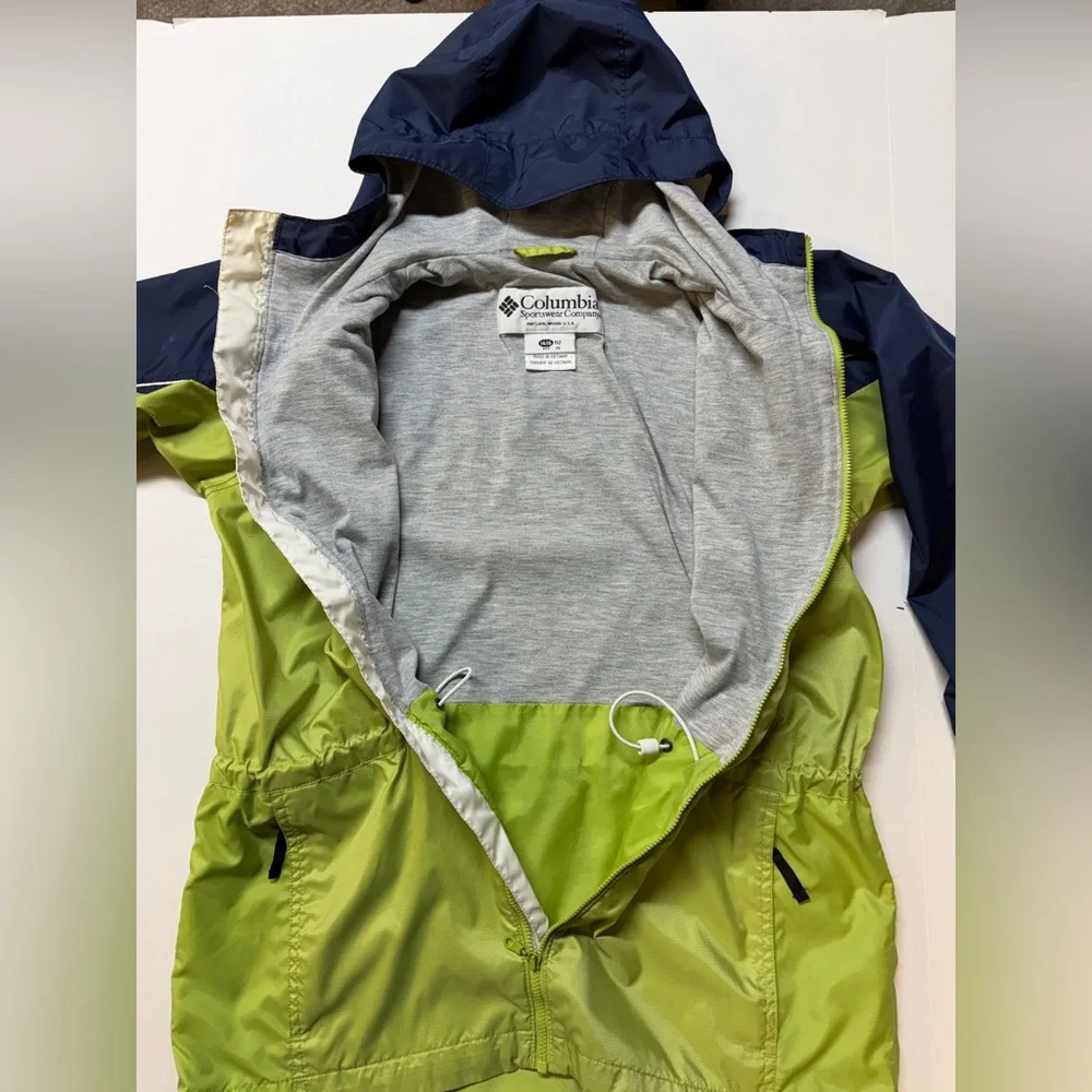 Columbia Girl’s 14/16 Green Blue Color Block Hooded Rain Coat Jacket